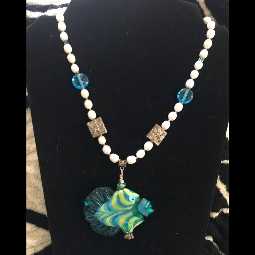Cultured Pearls Blown Glass Fish Necklace